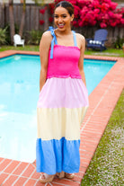Haptics Hot Pink & Blue Smocked Color Block Maxi Dress 2024 Blow-Out Sale