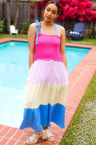 Haptics Hot Pink & Blue Smocked Color Block Maxi Dress 2024 Blow-Out Sale