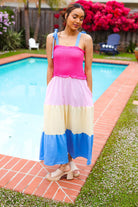 Haptics Hot Pink & Blue Smocked Color Block Maxi Dress 2024 Blow-Out Sale