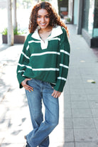 Haptics Fall For You Hunter Green Stripe Notched Neck Collared Oversized Sweater