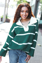 Haptics Fall For You Hunter Green Stripe Notched Neck Collared Oversized Sweater