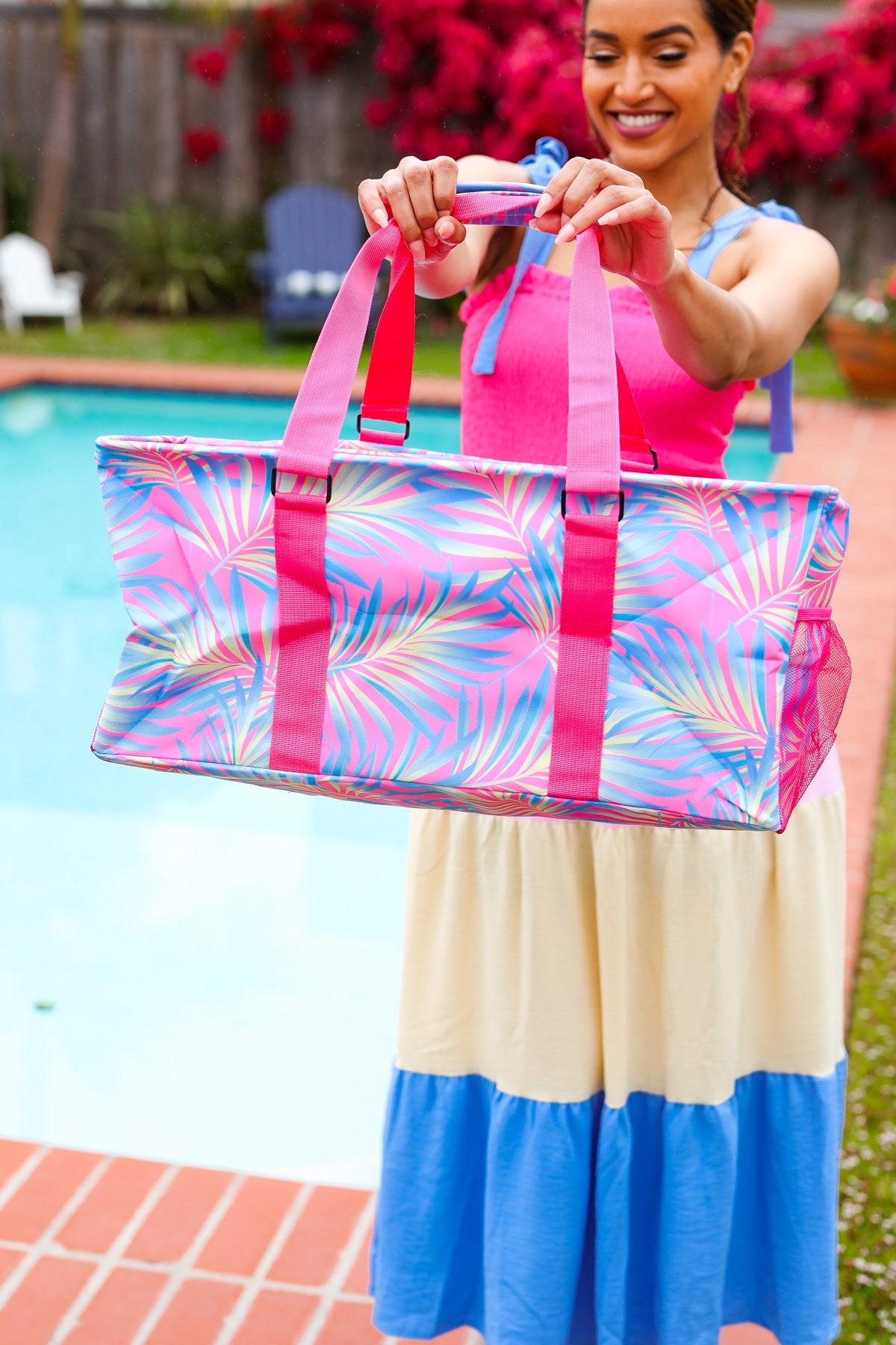 Jane Claire Pink & Blue Tropical Print Collapsible Canvas Strap Tote Jane Claire