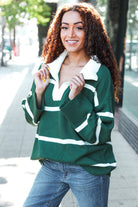 Haptics Fall For You Hunter Green Stripe Notched Neck Collared Oversized Sweater