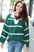 Haptics Fall For You Hunter Green Stripe Notched Neck Collared Oversized Sweater