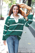 Haptics Fall For You Hunter Green Stripe Notched Neck Collared Oversized Sweater