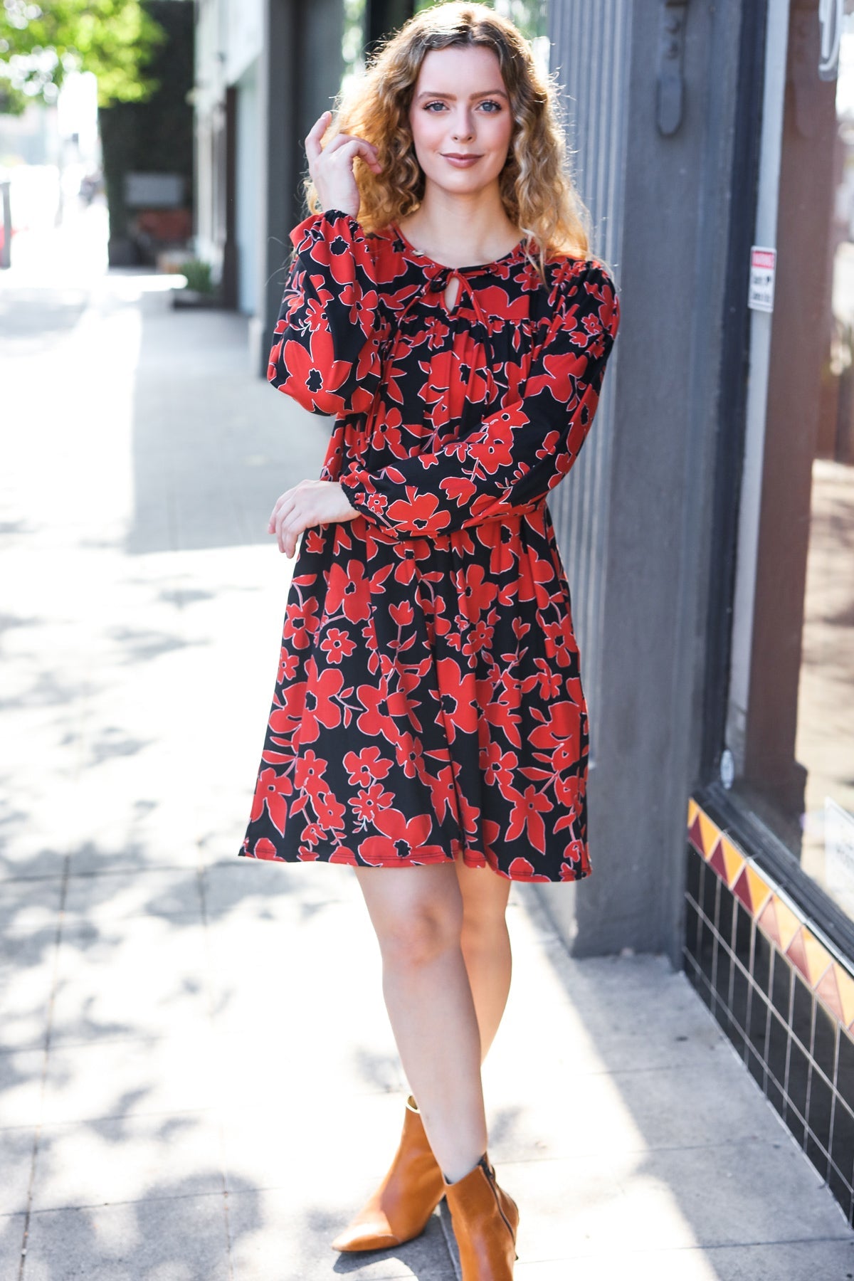 Haptics Boldly You Rust & Black Floral Print Front Tie Dress Haptics