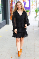 Haptics Holiday Vixen Black Chiffon Swiss Dot V Neck Tiered Ruffle Dress Haptics