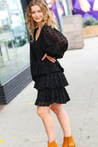 Haptics Holiday Vixen Black Chiffon Swiss Dot V Neck Tiered Ruffle Dress Haptics