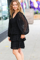 Haptics Holiday Vixen Black Chiffon Swiss Dot V Neck Tiered Ruffle Dress Haptics