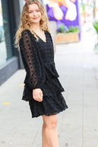 Haptics Holiday Vixen Black Chiffon Swiss Dot V Neck Tiered Ruffle Dress Haptics