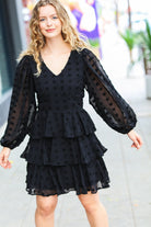 Haptics Holiday Vixen Black Chiffon Swiss Dot V Neck Tiered Ruffle Dress Haptics