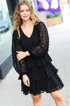 Haptics Holiday Vixen Black Chiffon Swiss Dot V Neck Tiered Ruffle Dress Haptics