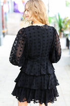 Haptics Holiday Vixen Black Chiffon Swiss Dot V Neck Tiered Ruffle Dress Haptics