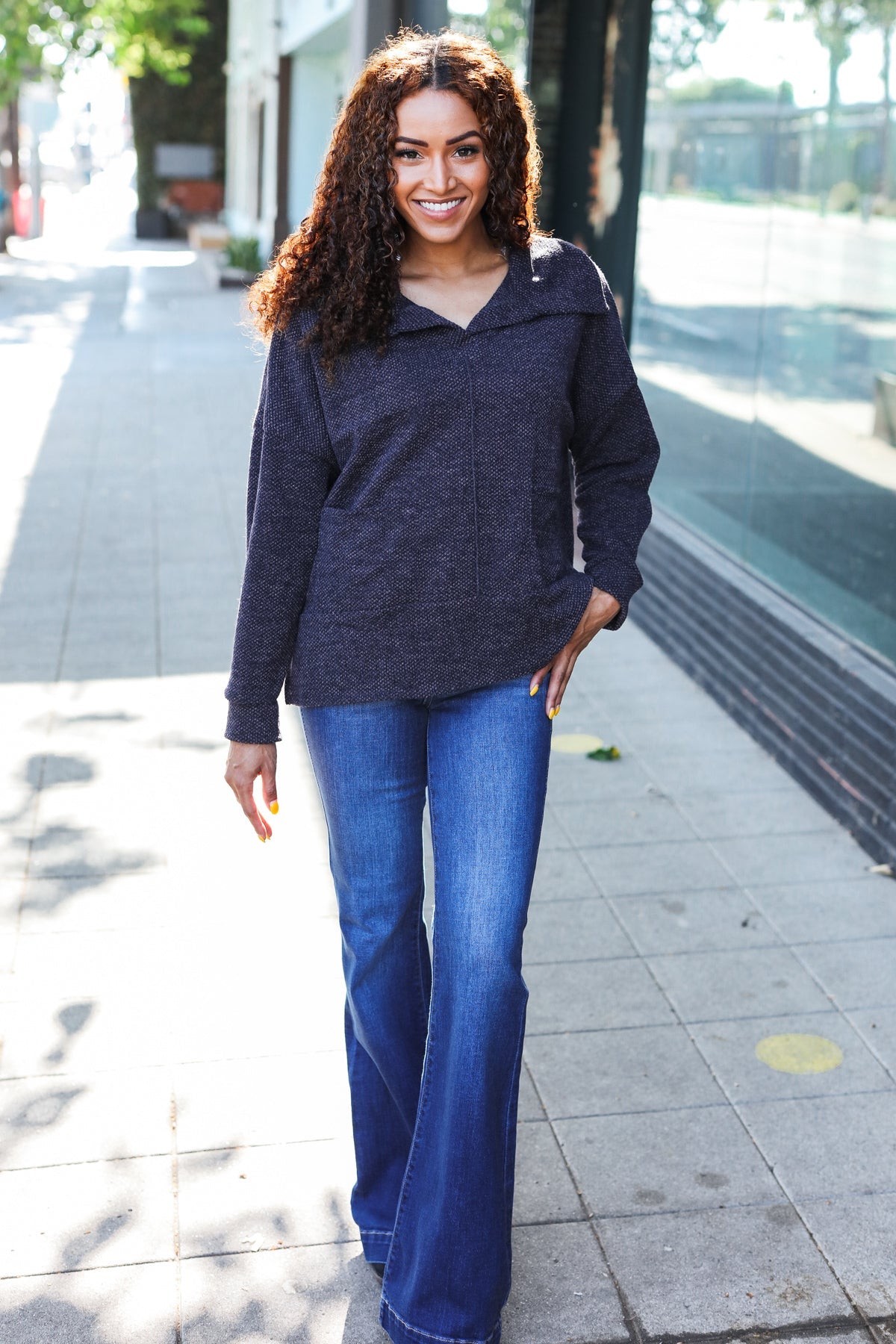 Easy Living Charcoal Textured Knit Notch Neck Oversized Collar Sweater 2024 Blow-Out Sale