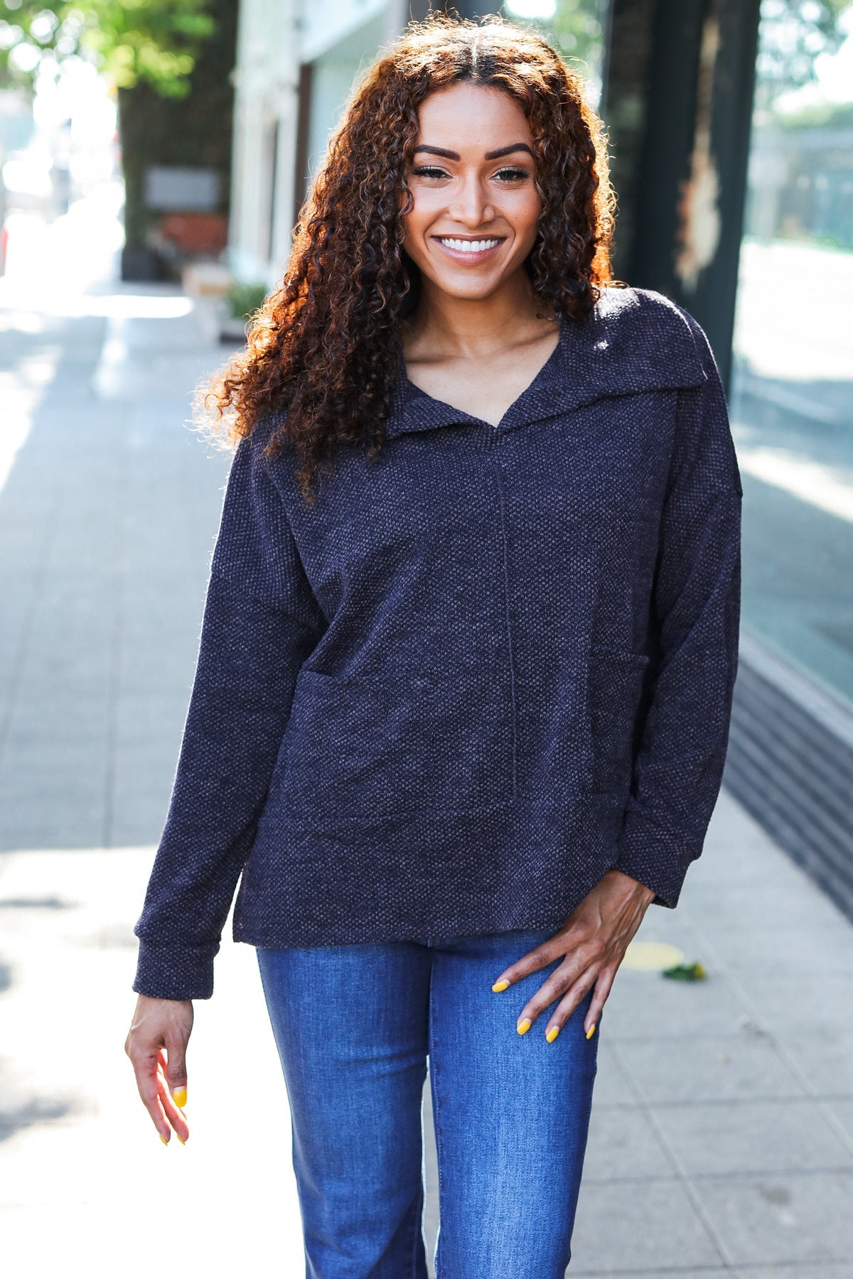 Easy Living Charcoal Textured Knit Notch Neck Oversized Collar Sweater 2024 Blow-Out Sale