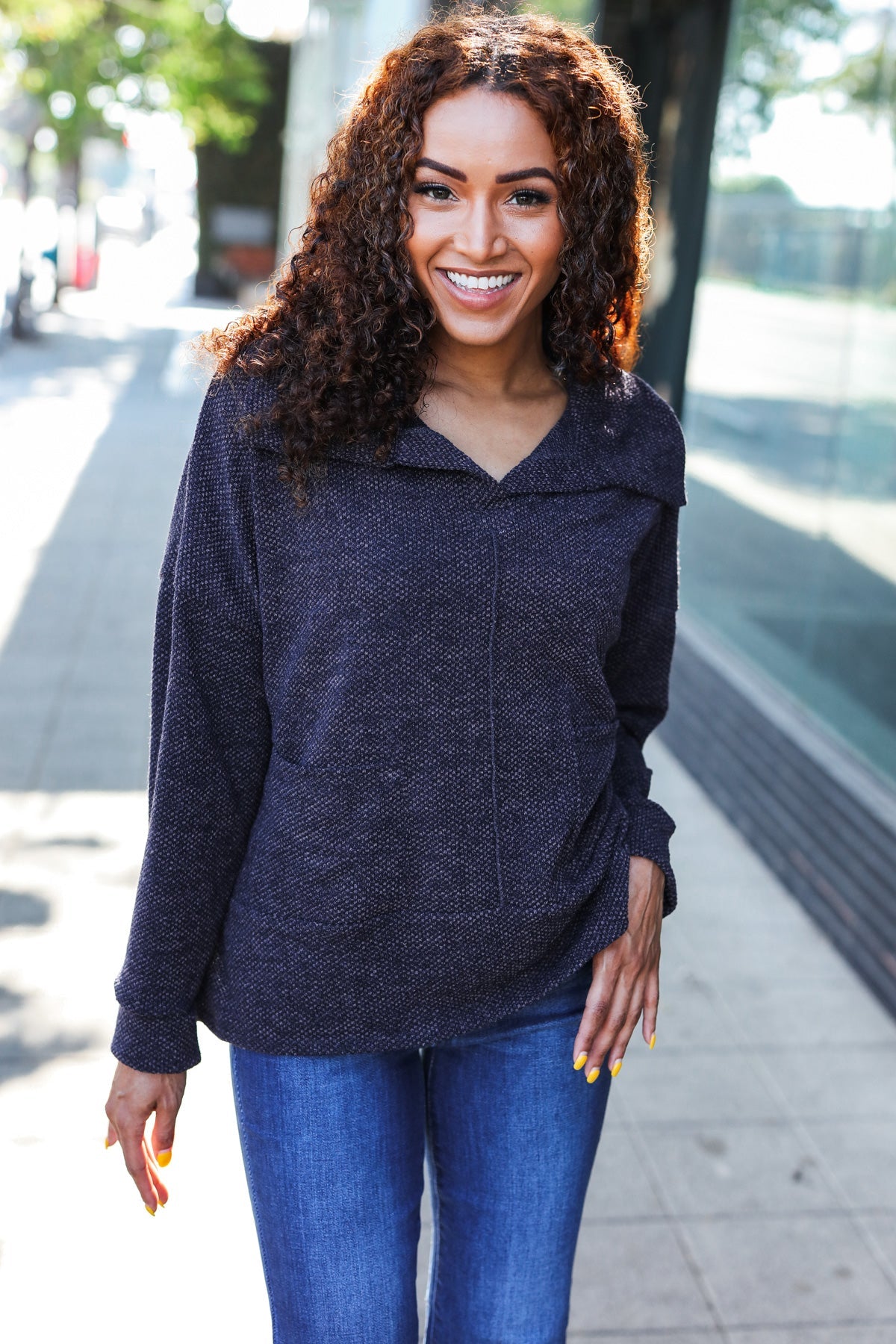 Easy Living Charcoal Textured Knit Notch Neck Oversized Collar Sweater 2024 Blow-Out Sale