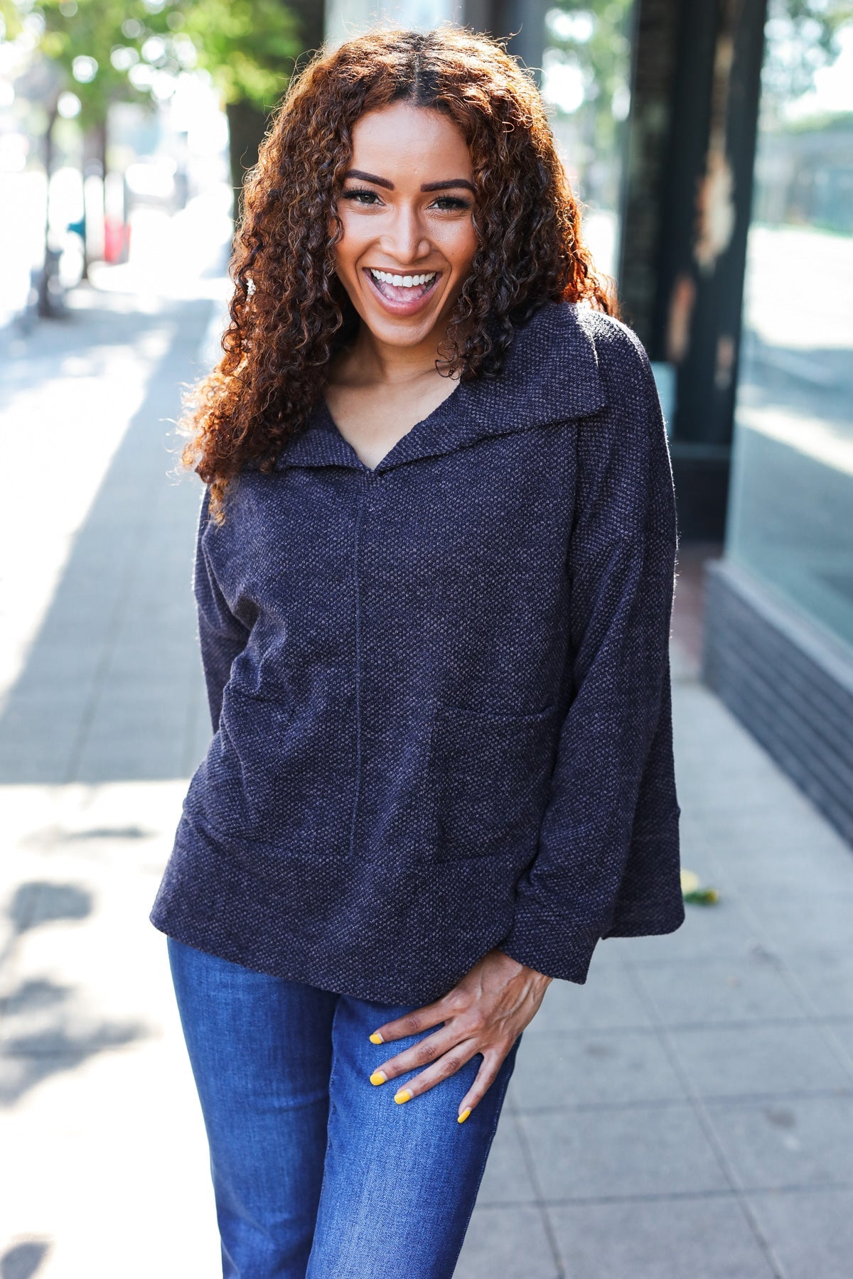 Easy Living Charcoal Textured Knit Notch Neck Oversized Collar Sweater 2024 Blow-Out Sale