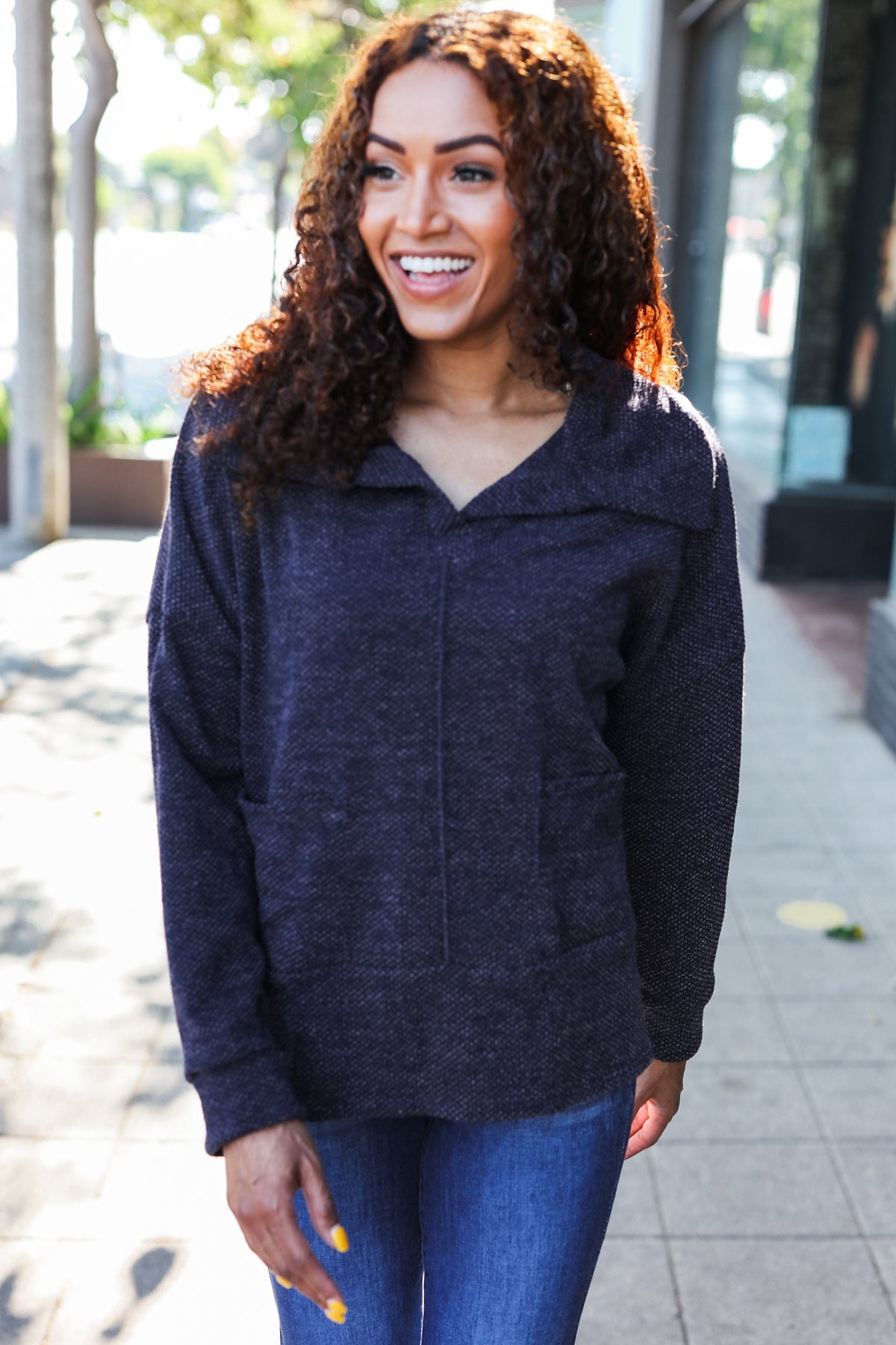 Easy Living Charcoal Textured Knit Notch Neck Oversized Collar Sweater 2024 Blow-Out Sale