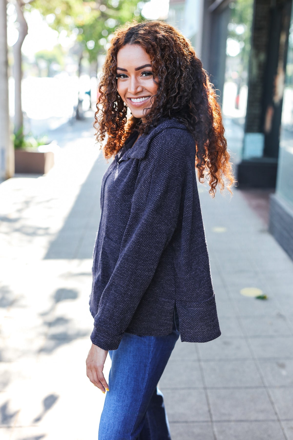 Easy Living Charcoal Textured Knit Notch Neck Oversized Collar Sweater 2024 Blow-Out Sale