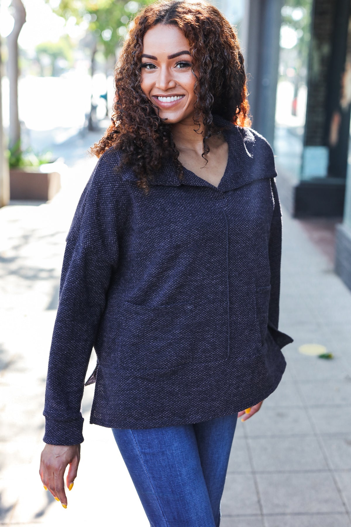Easy Living Charcoal Textured Knit Notch Neck Oversized Collar Sweater 2024 Blow-Out Sale