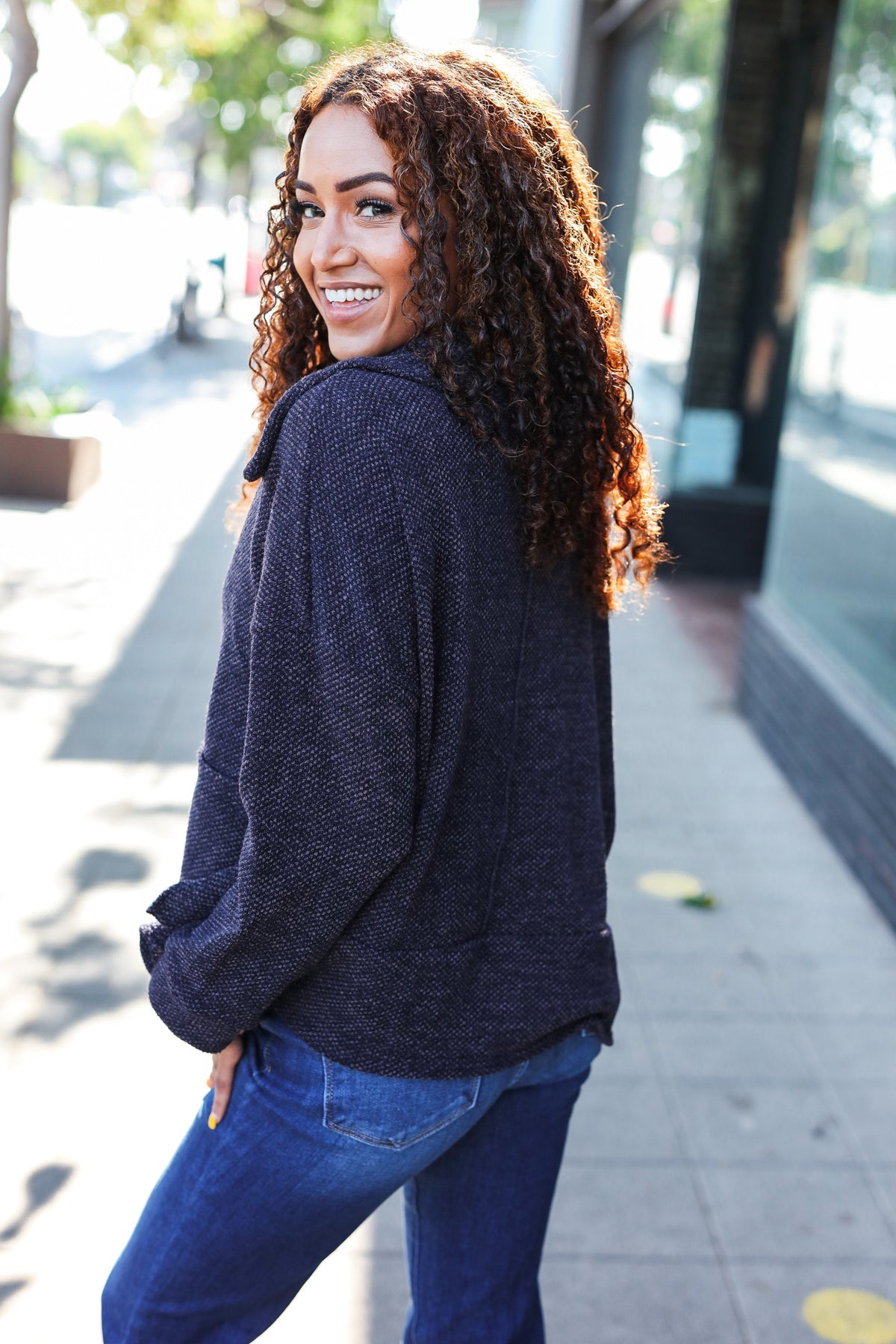 Easy Living Charcoal Textured Knit Notch Neck Oversized Collar Sweater 2024 Blow-Out Sale