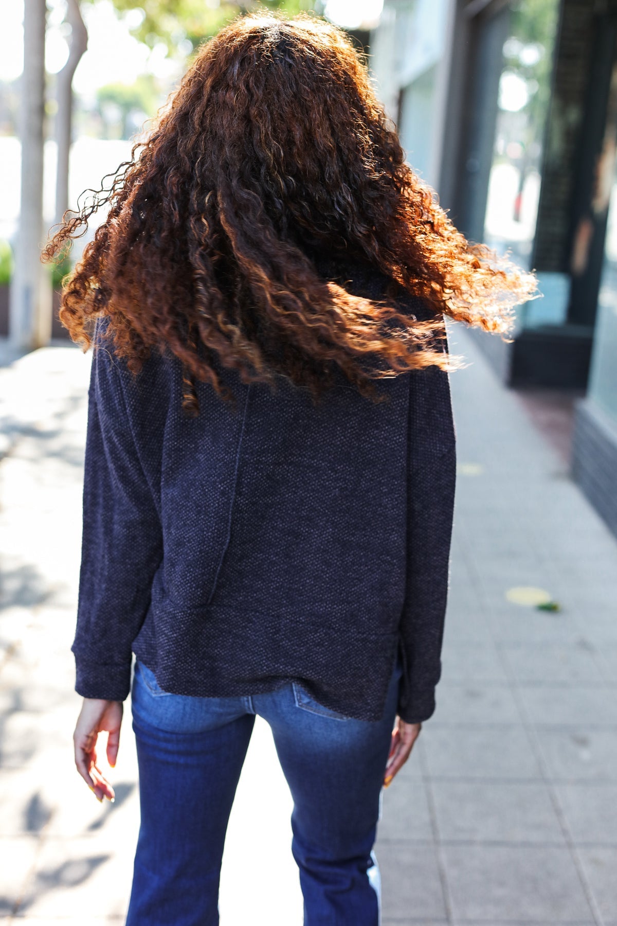 Easy Living Charcoal Textured Knit Notch Neck Oversized Collar Sweater 2024 Blow-Out Sale