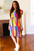 Haptics Eyes On You Multicolor Abstract Print Smocked Ruffle Sleeve Dress Haptics