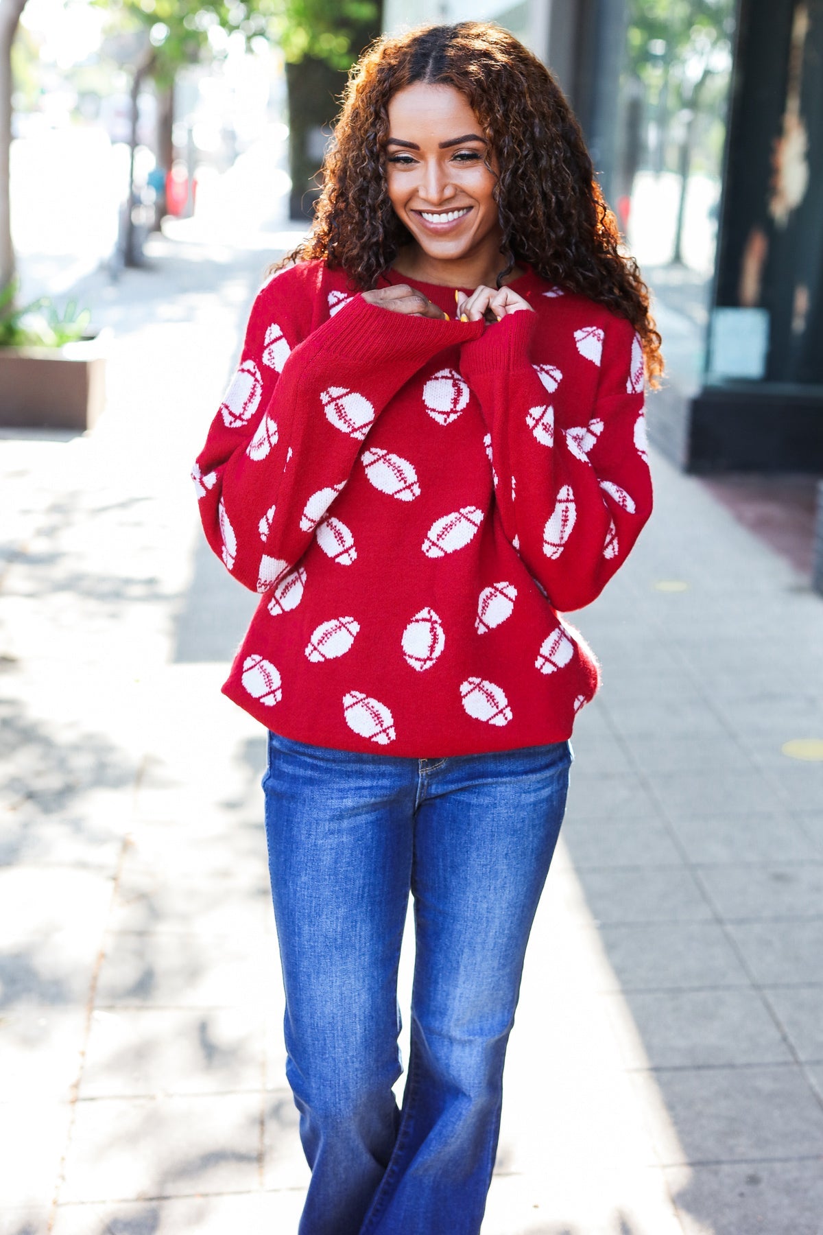 Haptics Game Day Red Football Print Jacquard Knit Sweater 2024 Blow-Out Sale