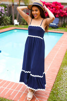 Haptics Navy Square Neck Ric Rac Trim Adjustable Straps Maxi