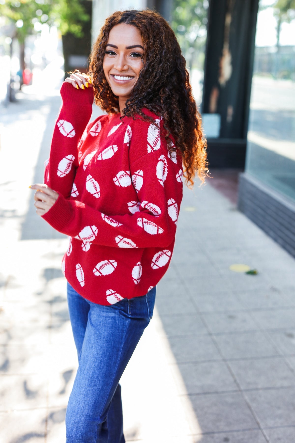 Haptics Game Day Red Football Print Jacquard Knit Sweater 2024 Blow-Out Sale