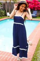 Haptics Navy Square Neck Ric Rac Trim Adjustable Straps Maxi