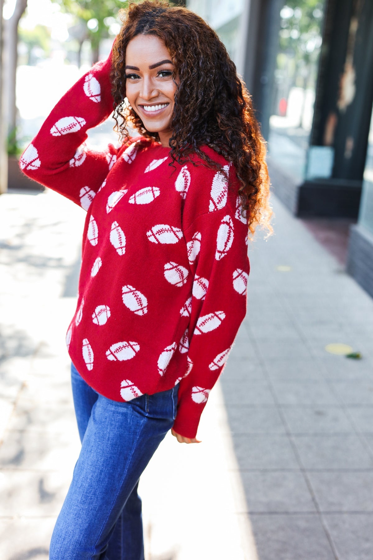 Haptics Game Day Red Football Print Jacquard Knit Sweater 2024 Blow-Out Sale