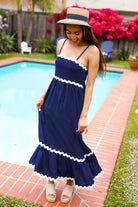 Haptics Navy Square Neck Ric Rac Trim Adjustable Straps Maxi