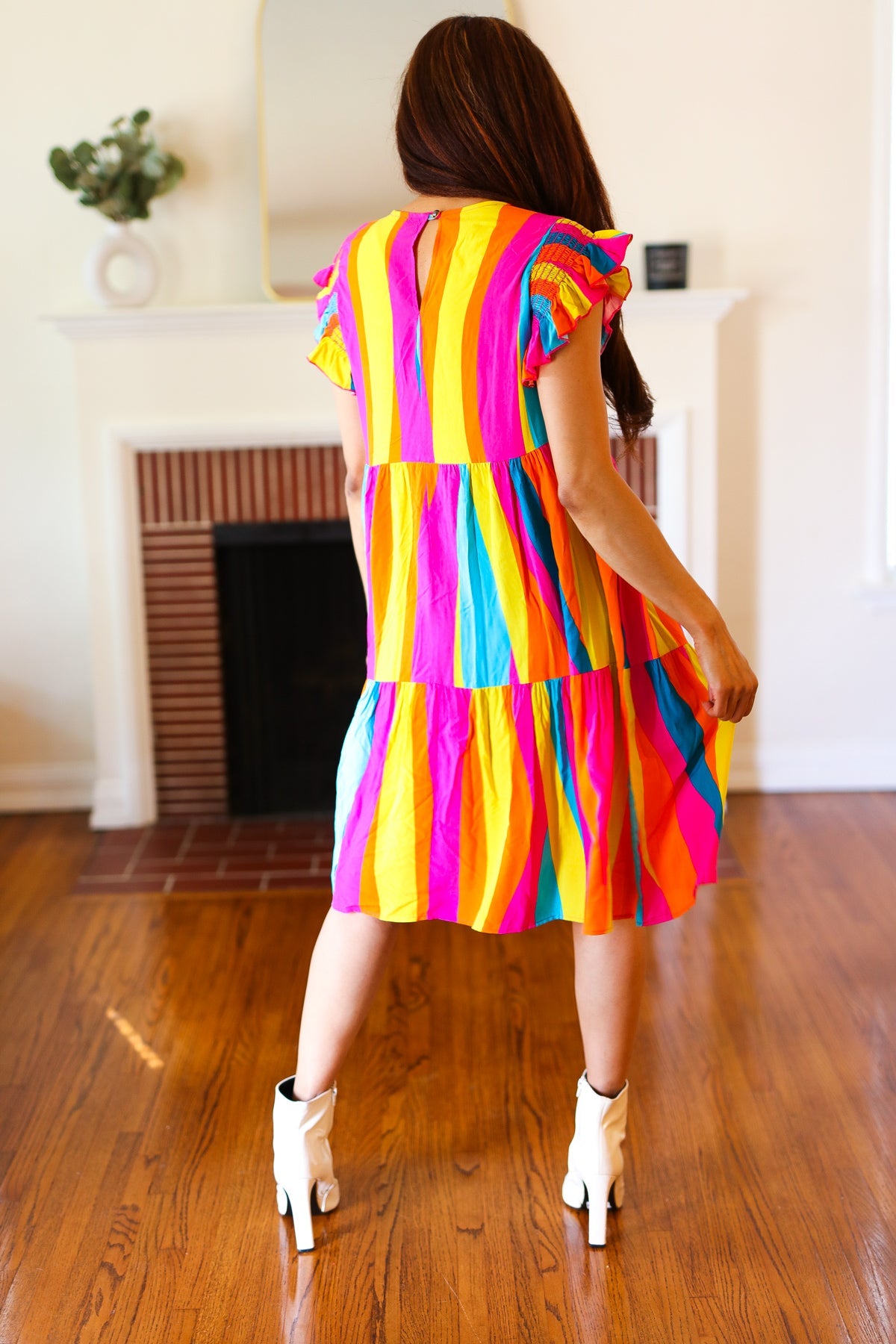 Haptics Eyes On You Multicolor Abstract Print Smocked Ruffle Sleeve Dress Haptics