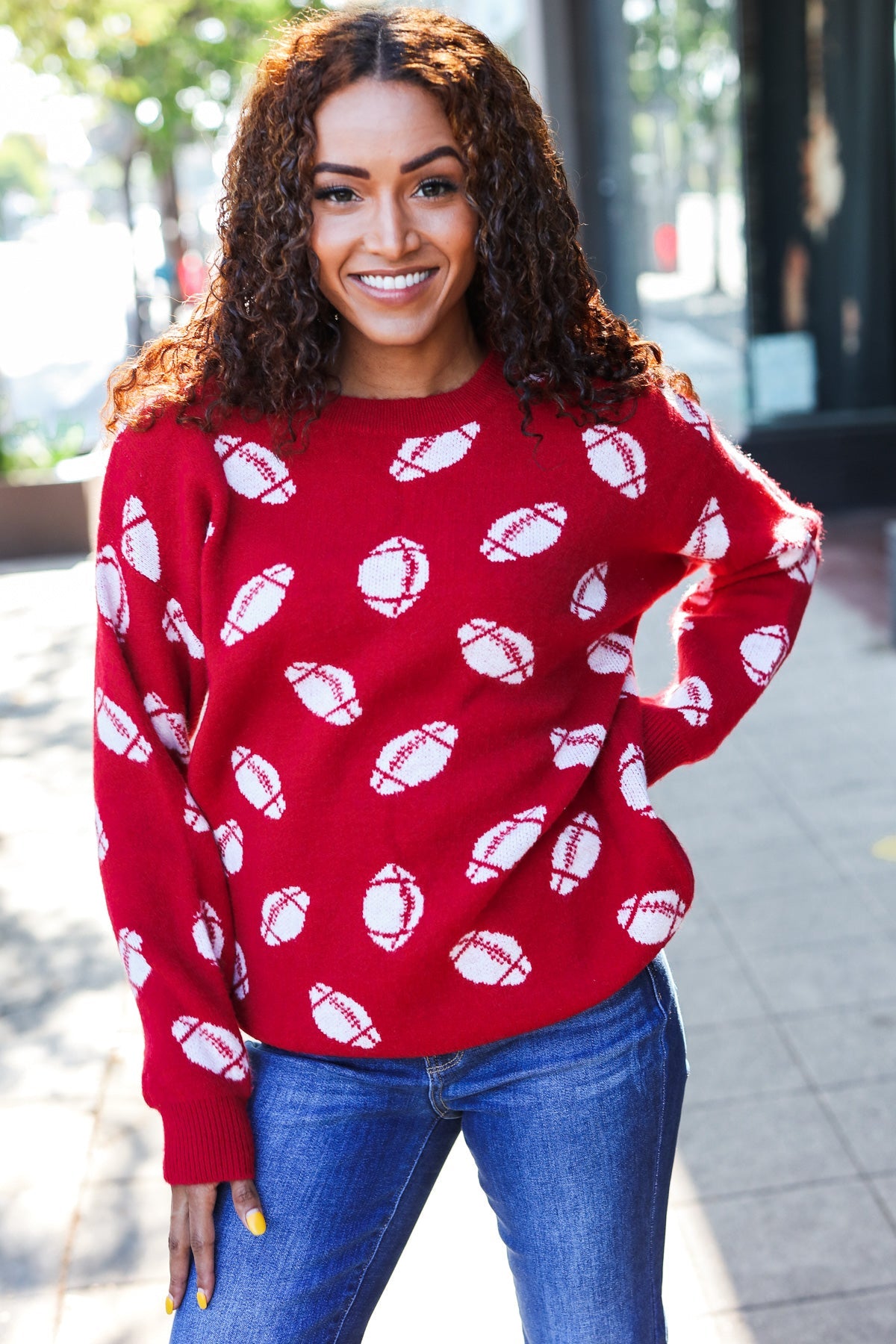 Haptics Game Day Red Football Print Jacquard Knit Sweater 2024 Blow-Out Sale