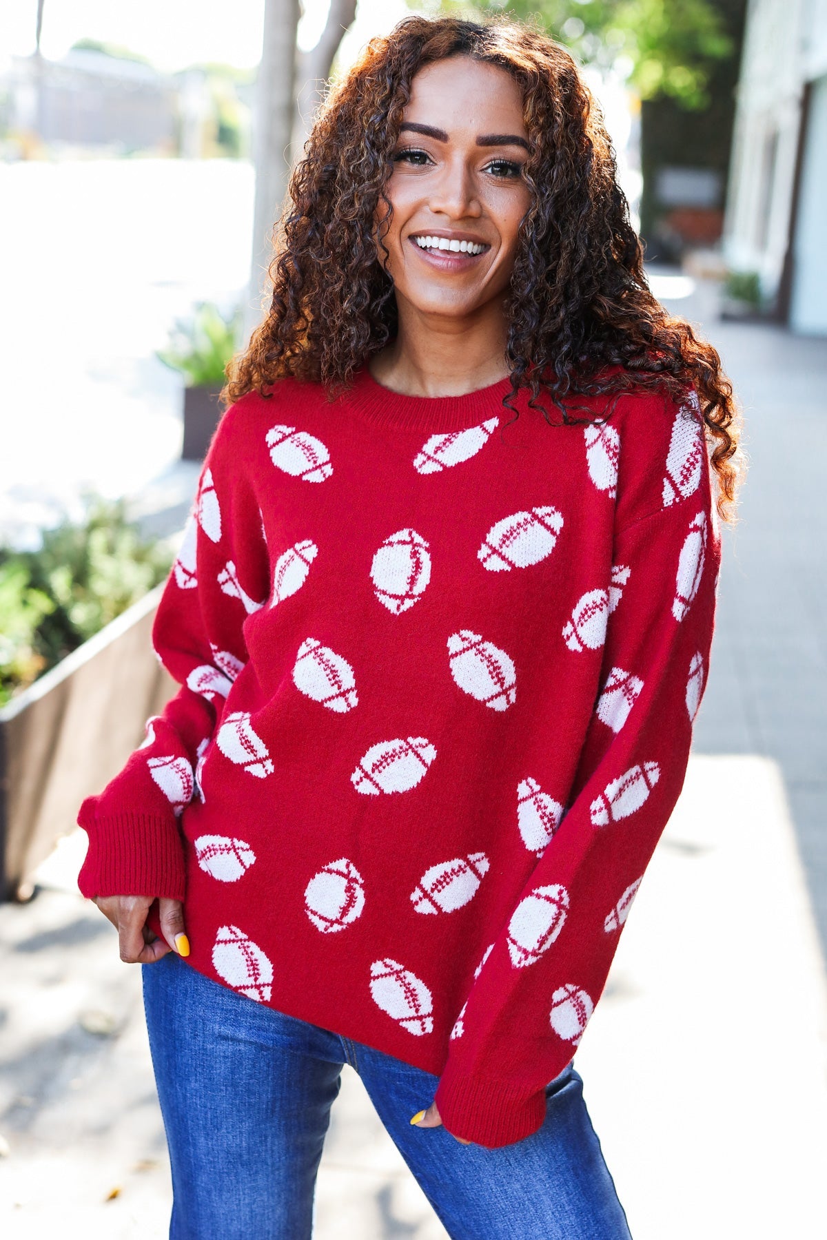 Haptics Game Day Red Football Print Jacquard Knit Sweater 2024 Blow-Out Sale