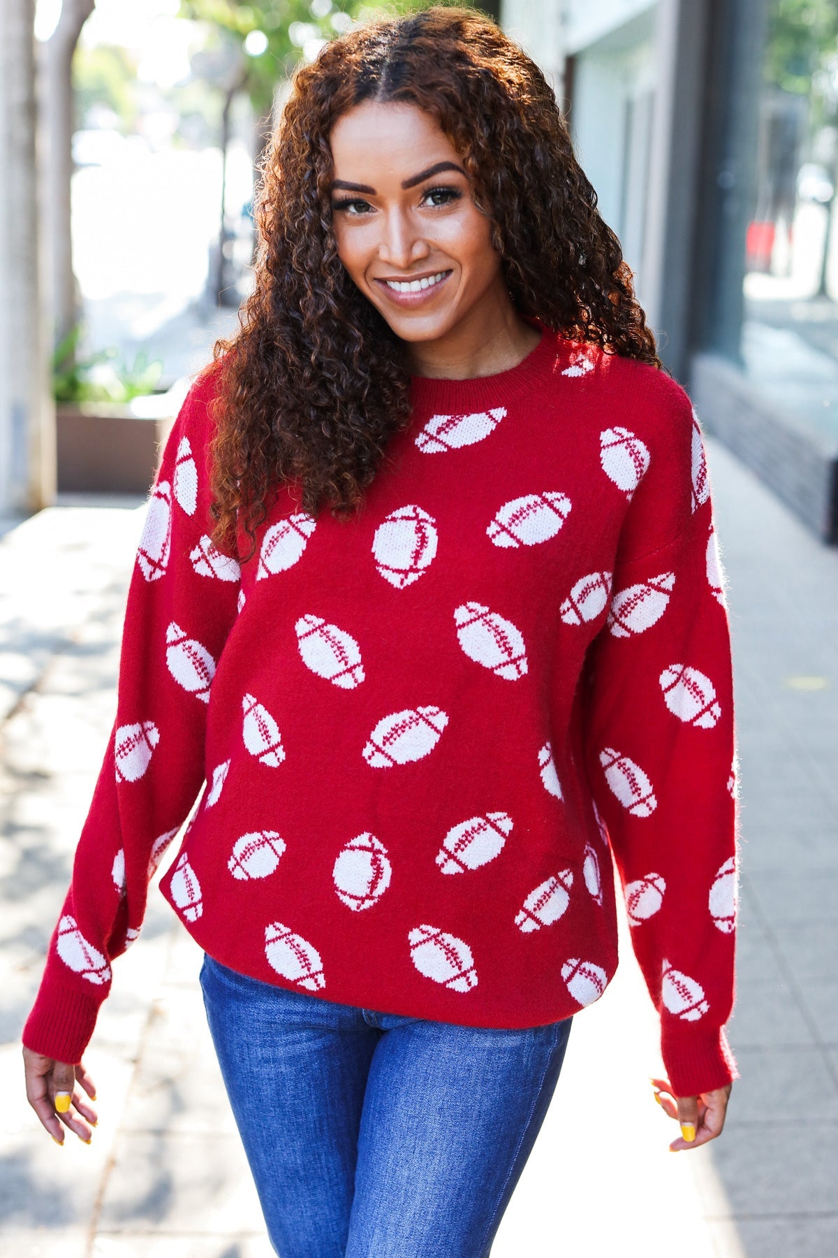 Haptics Game Day Red Football Print Jacquard Knit Sweater 2024 Blow-Out Sale