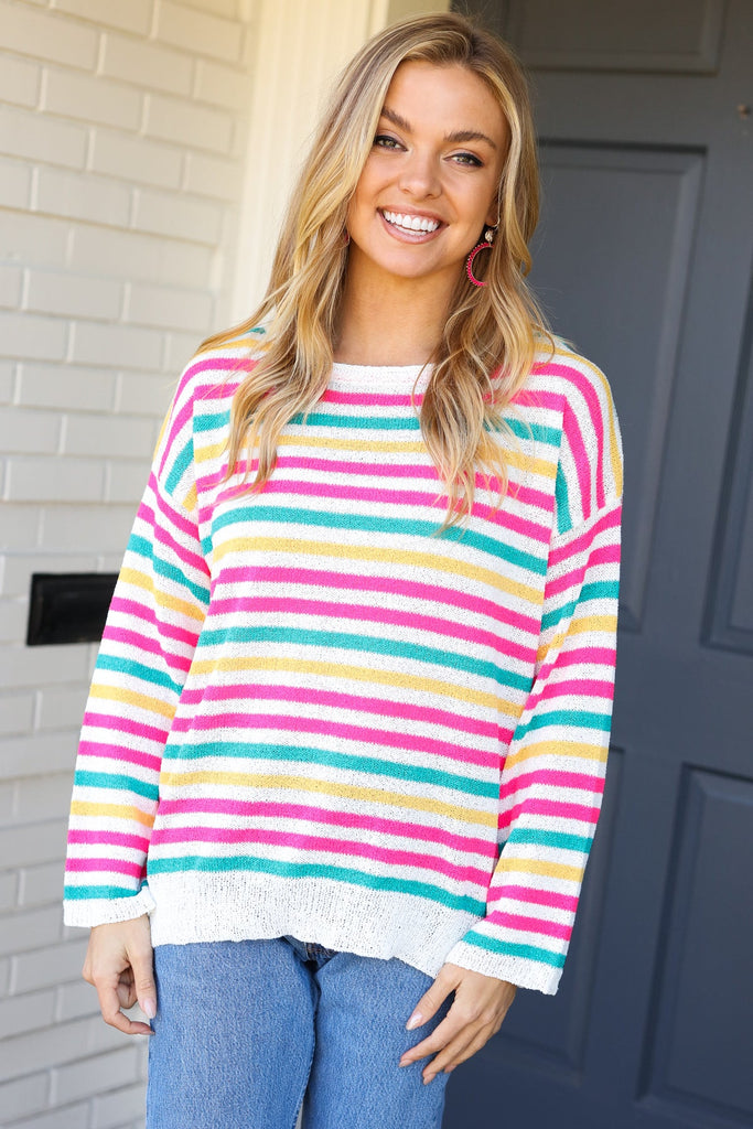 Haptics Bold & Sassy Fuchsia Multi Stripe Pullover Sweater Haptics