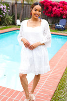 Sugarfox White Accordion Pleated Lace Square Neck Dress 2025 Summer-Blow Out Sale