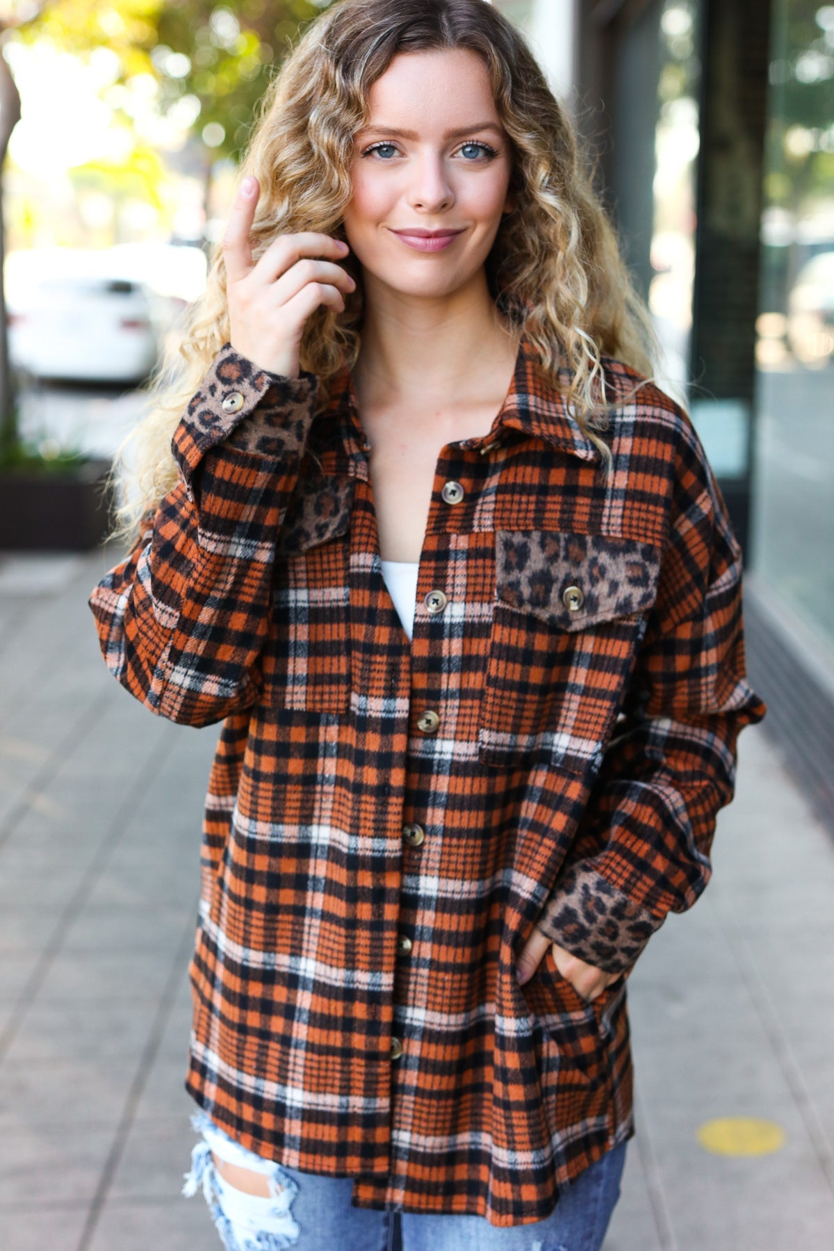 Haptics Rust Plaid & Animal Print Button Down Jacket Haptics