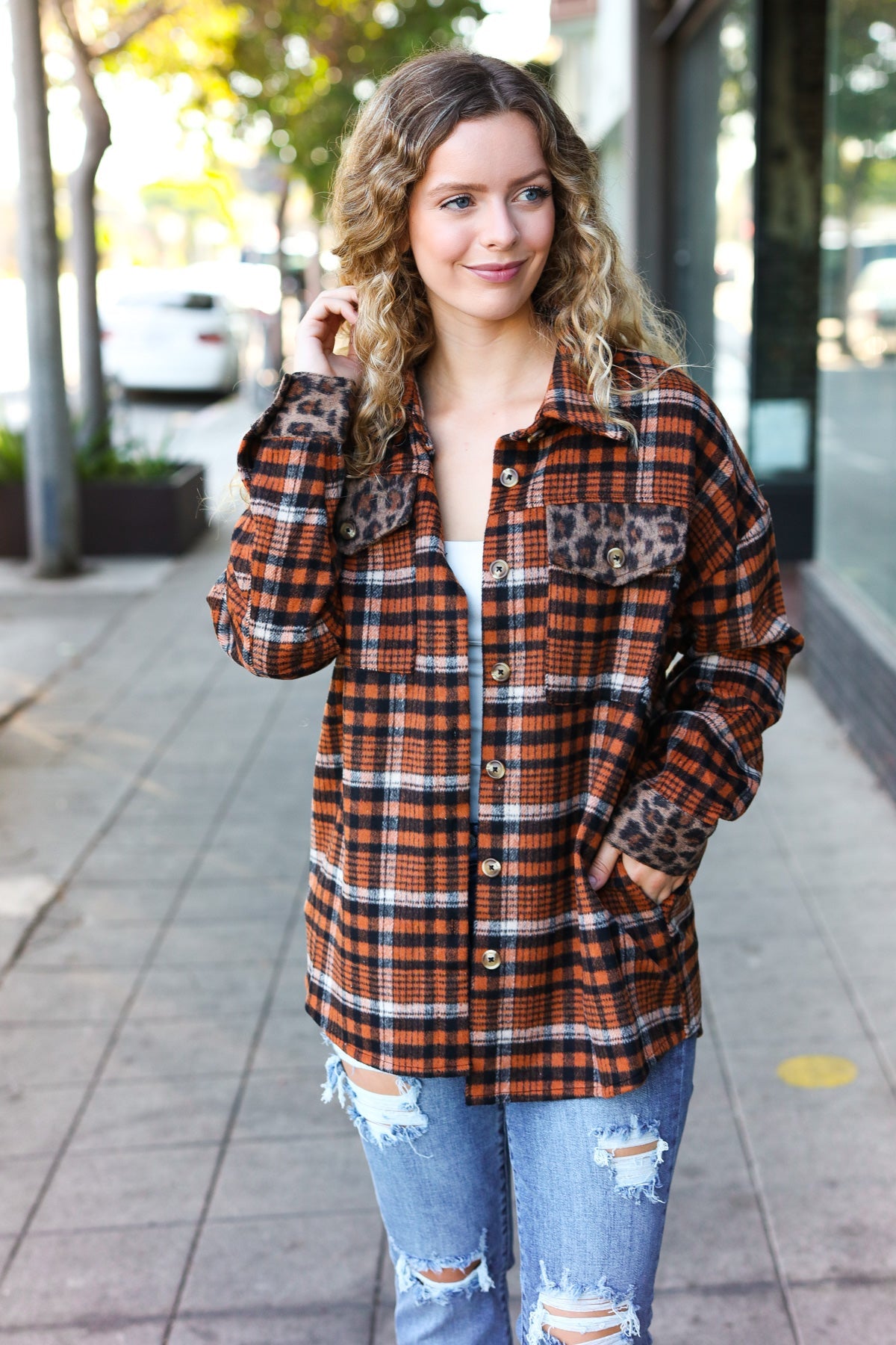 Haptics Rust Plaid & Animal Print Button Down Jacket Haptics