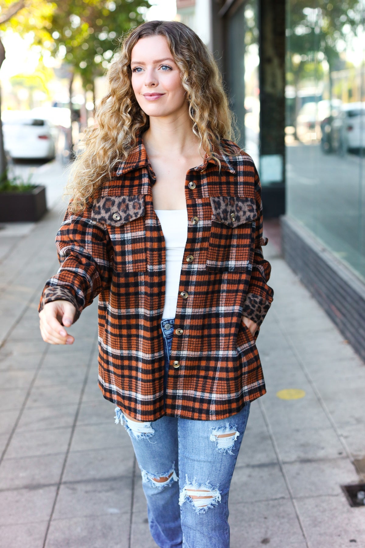 Haptics Rust Plaid & Animal Print Button Down Jacket Haptics