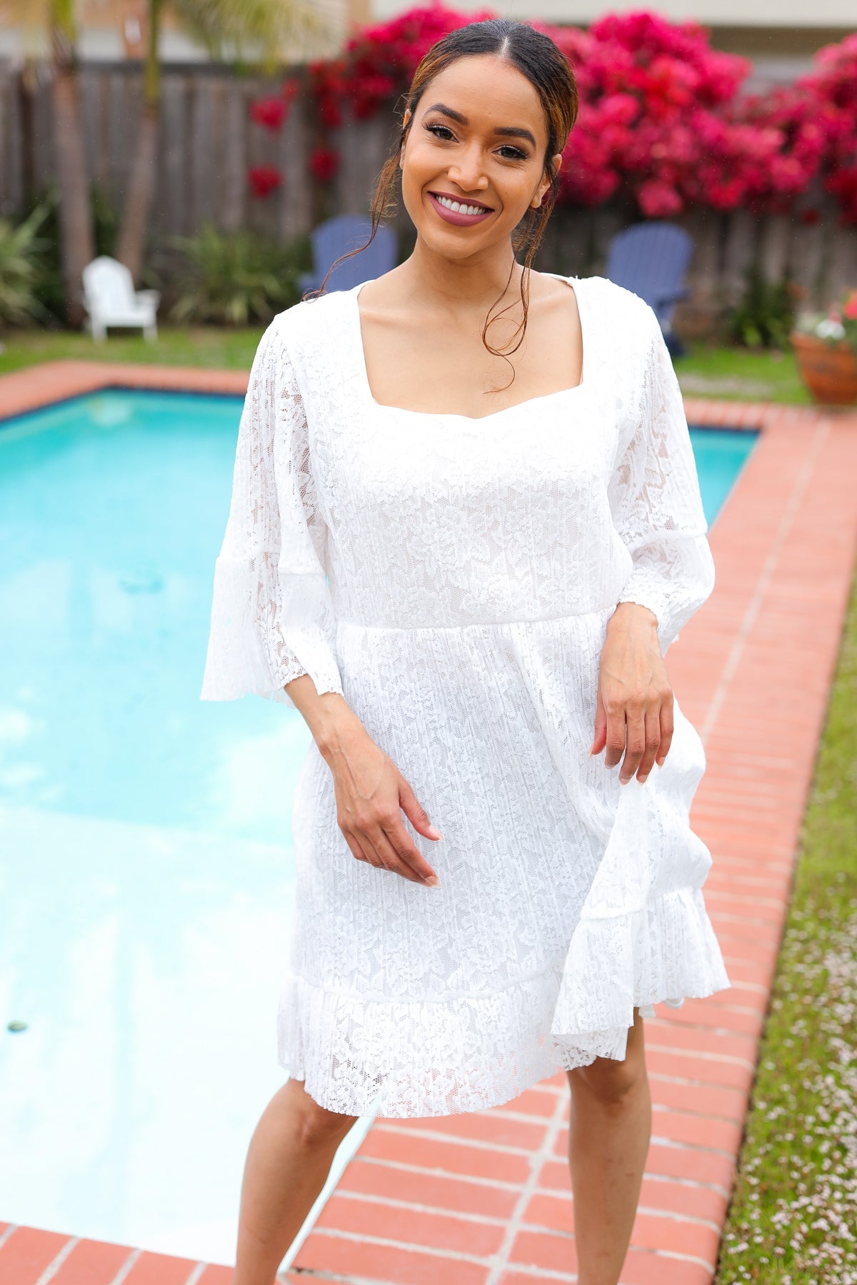 Sugarfox White Accordion Pleated Lace Square Neck Dress 2025 Summer-Blow Out Sale
