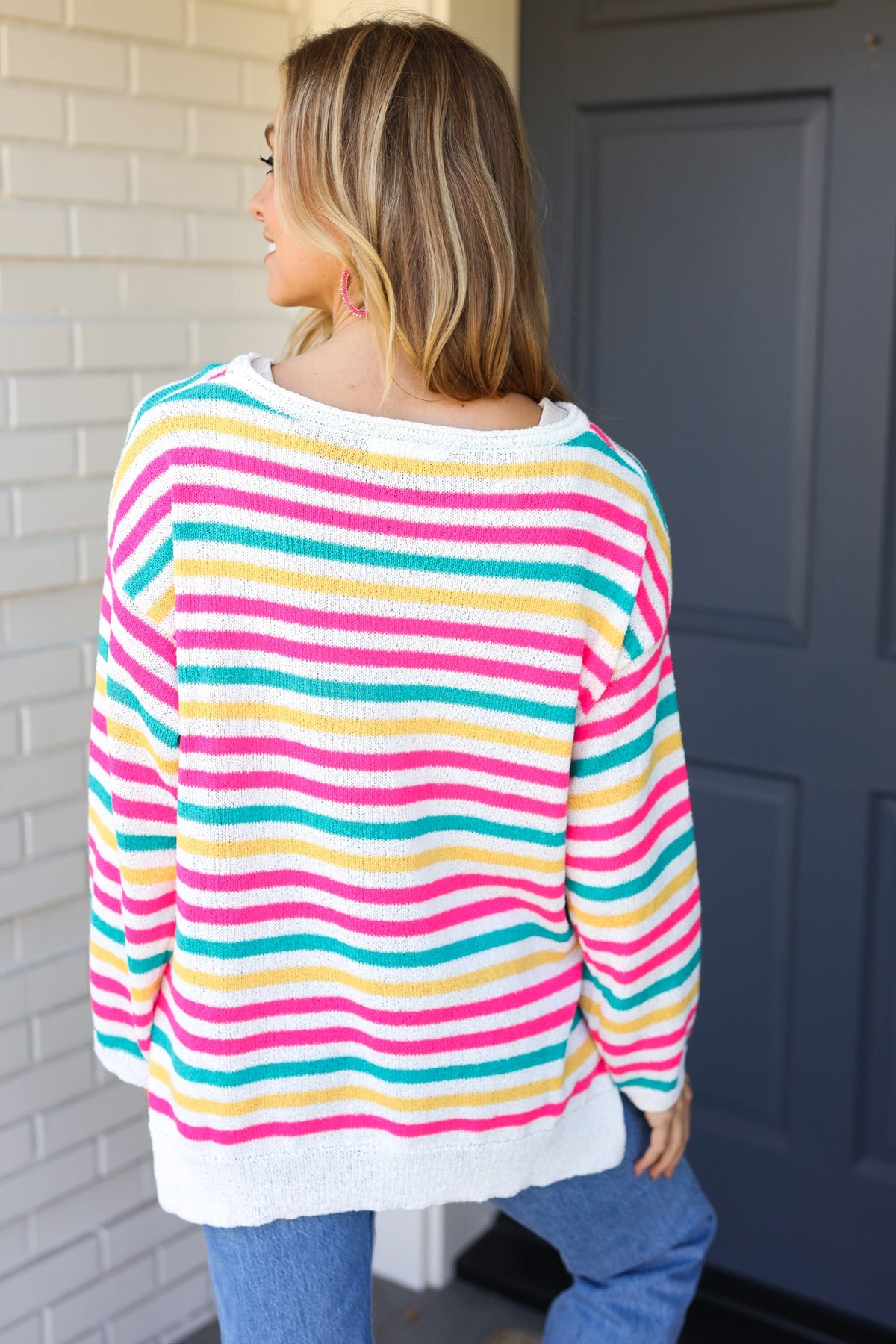 Haptics Bold & Sassy Fuchsia Multi Stripe Pullover Sweater Final Sale Haptics