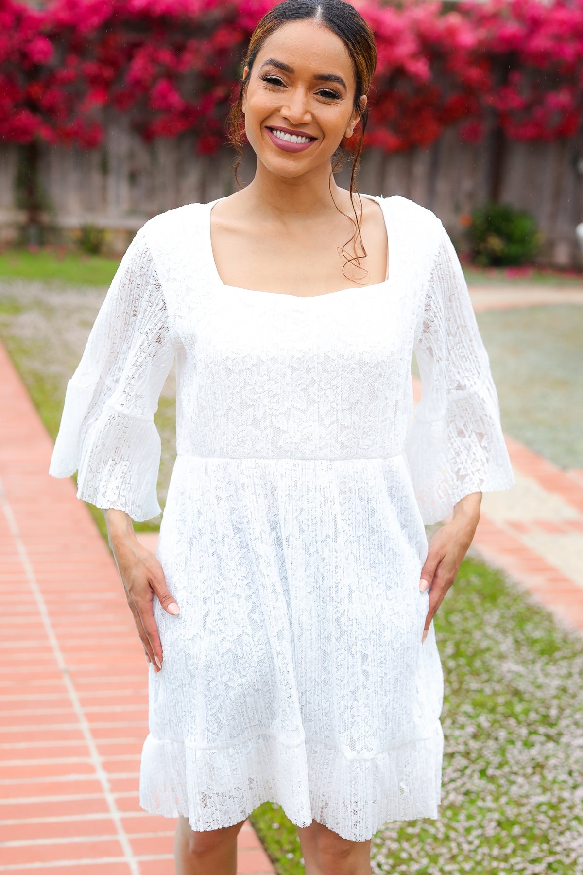 Sugarfox White Accordion Pleated Lace Square Neck Dress 2025 Summer-Blow Out Sale