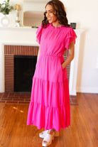 Haptics Perfectly You Hot Pink Mock Neck Tiered Chiffon Maxi Dress Haptics