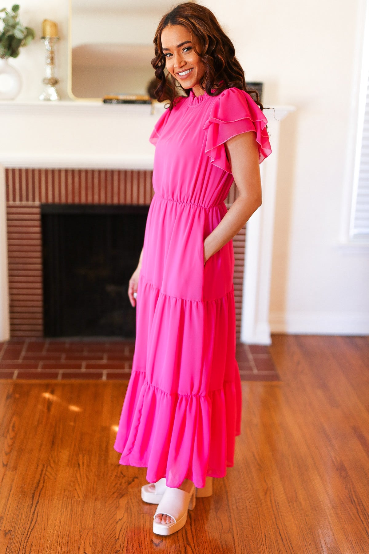 Haptics Perfectly You Hot Pink Mock Neck Tiered Chiffon Maxi Dress Haptics