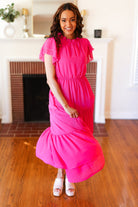 Haptics Perfectly You Hot Pink Mock Neck Tiered Chiffon Maxi Dress Haptics