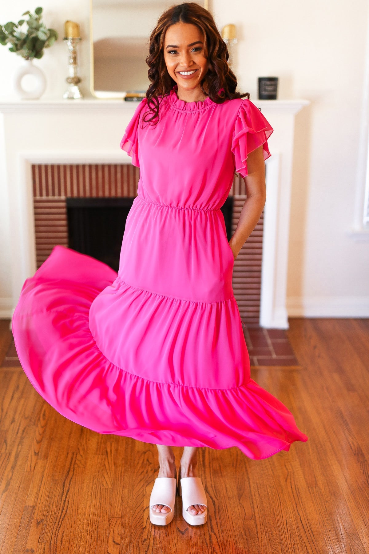 Haptics Perfectly You Hot Pink Mock Neck Tiered Chiffon Maxi Dress – Ruby  Idol Apparel