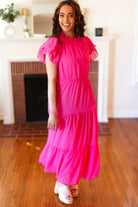 Haptics Perfectly You Hot Pink Mock Neck Tiered Chiffon Maxi Dress Haptics